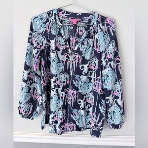 Lilly Pulitzer Elsa Silk Top, Bright Navy Pop up Monkey Trouble, Size XS